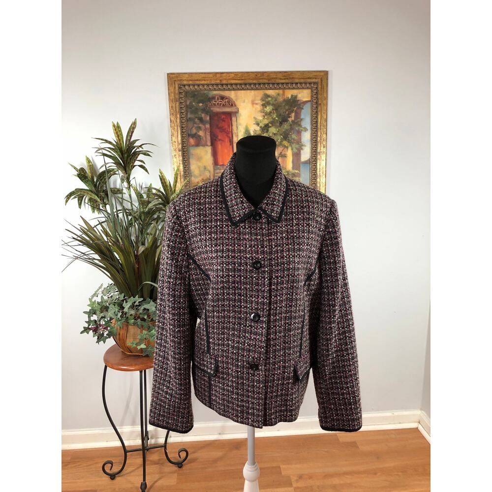 JM Collection Tweed Jacket Size 18 Contrasting Black Trim Button Up 4 Buttons